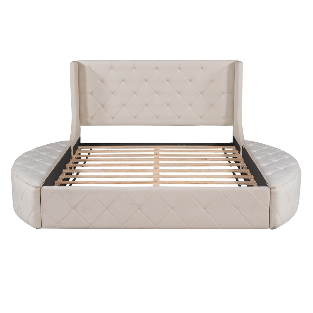 Upholstered Platform Bed  Queen Size Storage Velvet Bed with Wingback Headboard and 1 Big Drawer  2 Side Storage Stool