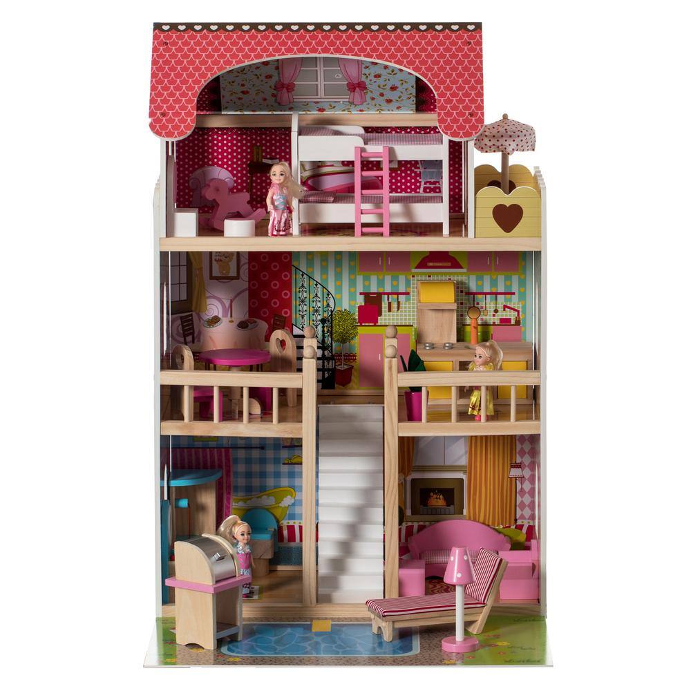 Gardenised QI004210 Wooden Doll House with Toys and Furniture Accessories with LED Light for Ages 3 plus