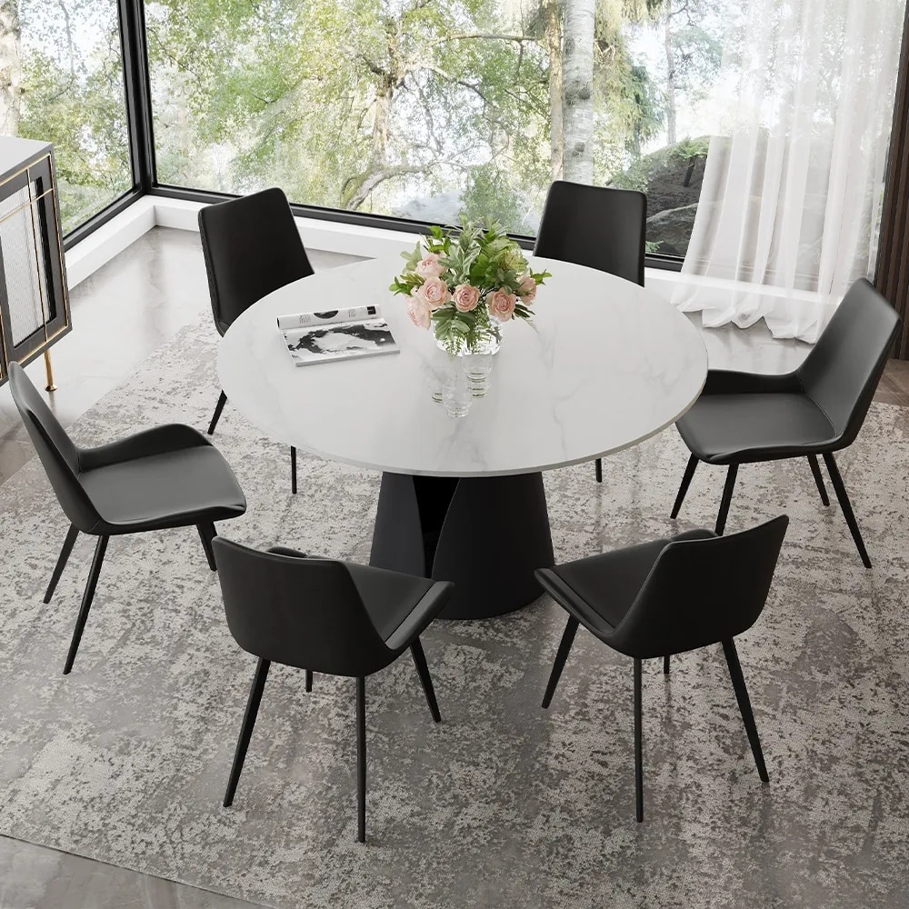 Modern Round White Dining Table for 4 6  faux marble table top