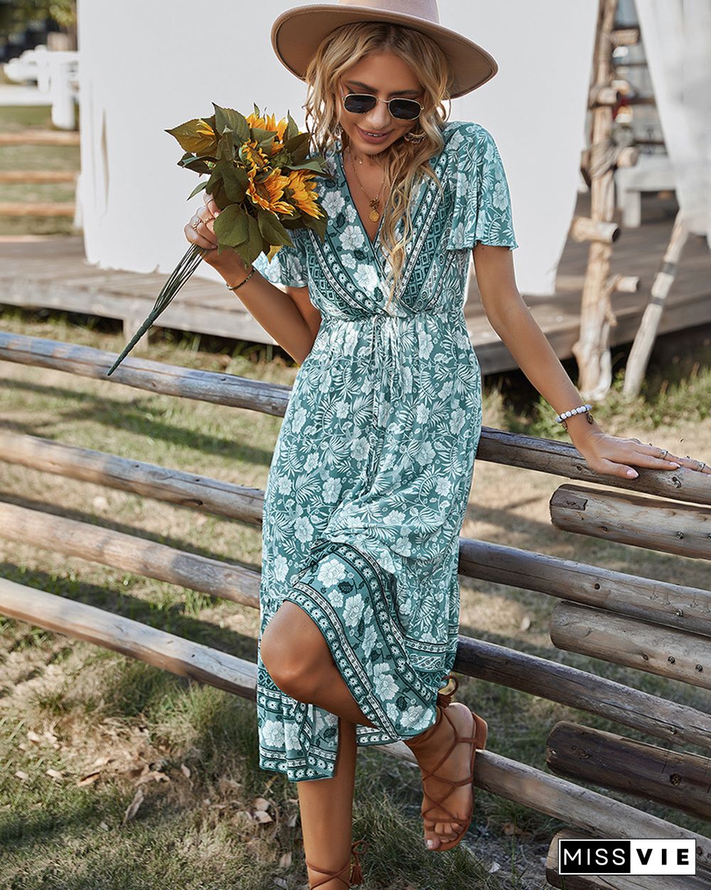 Elegant Casual Vacation Beach Dress Women Summer Dresses NEW V-neck Short Sleeve High Waist Midi A-line Floral Print Dress