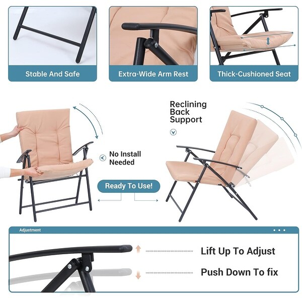 3Piece Folding Patio Bistro Dining Set，Furniture Set with 2 Folding Reclining Chairs with Cushion and 1 Folding Glass Table