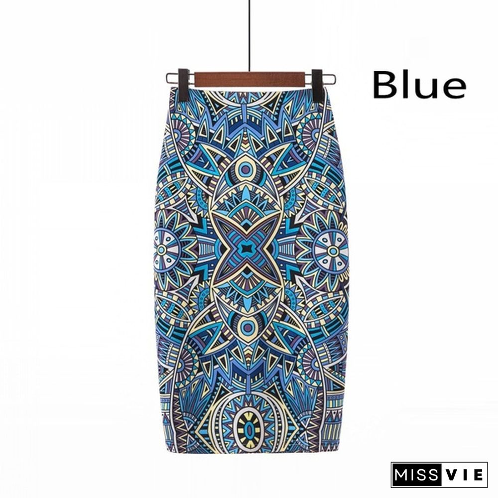 Ready Stock Fashion Women Elastic High Waist Pencil Skirts Midi Skirt Women Printed Ol Work Wear Summer New Plus Size Short Skirt