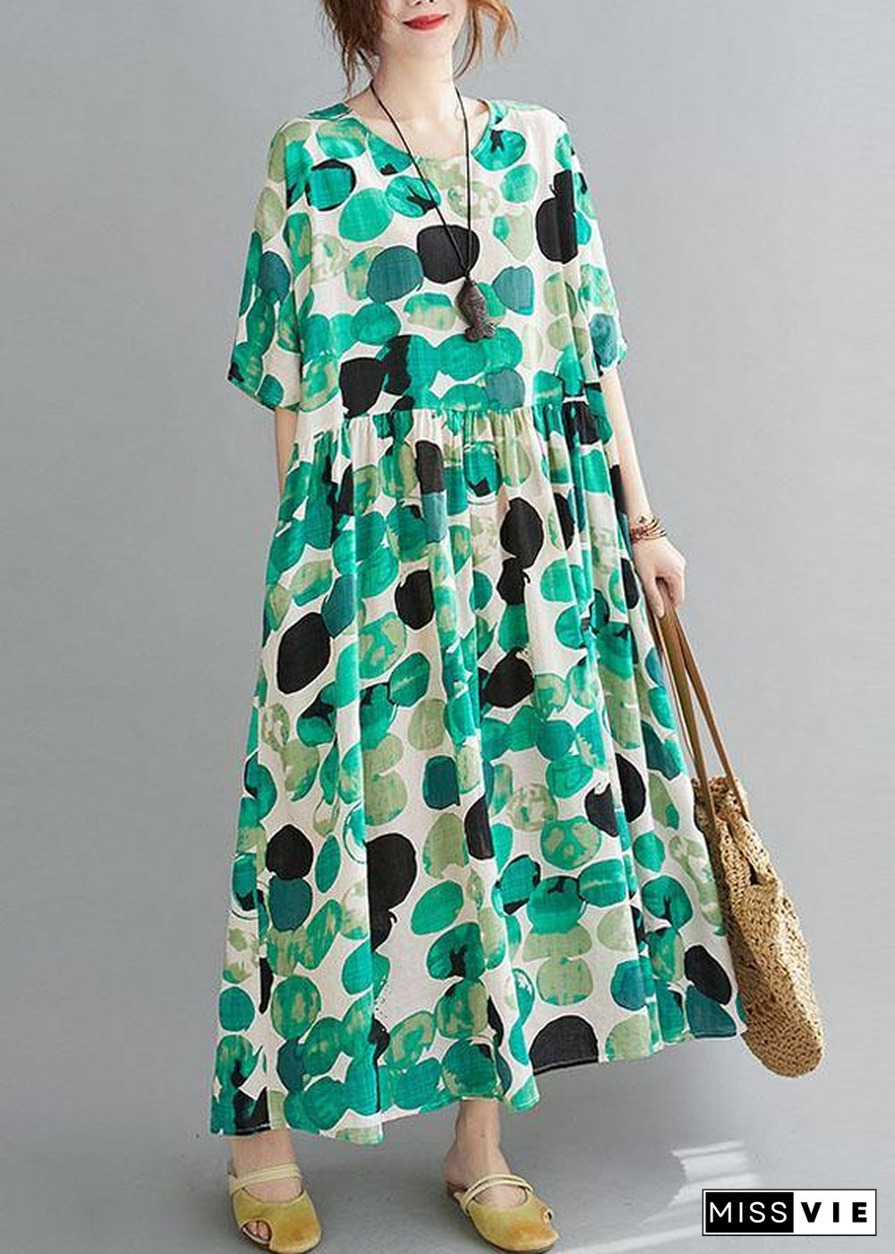 Fashion Green Dot Print Pockets Summer Vacation Dresses Half Sleeve