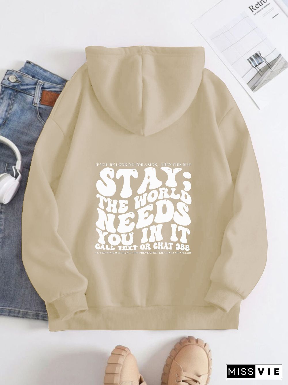 Printed on the Back Kangaroo Pocket Hoodie Long Sleeve for Women Pattern stay;the world needs you in it.Call text or chat 988