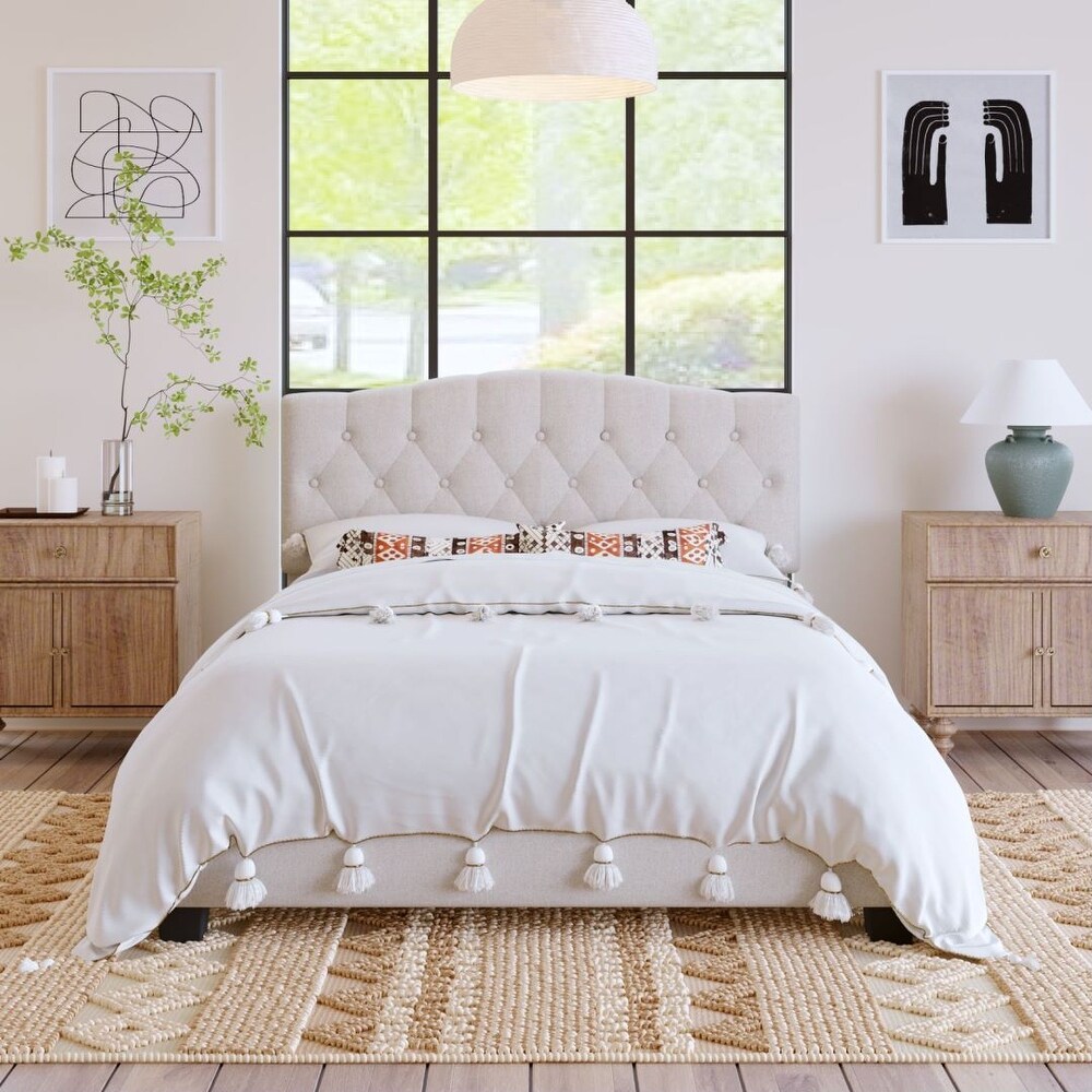 Modern Platform Bed Frame Wood Slat Diamond Tufted Headboard Sturdy