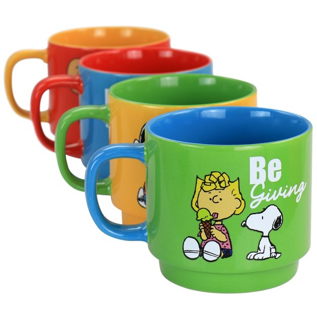 Gibson Peanuts Classic Gentle Reminders Collection 4 Piece Stoneware Stackable Mug Set With Metal Stand In Assorted Colors