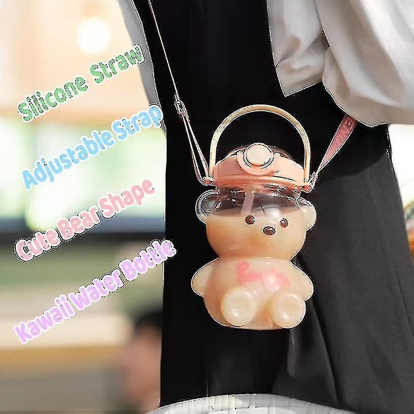 Bear Water Bottle With Straw， Kawaii Leak-proof Water Jug With Adjustable Shoulder Strap