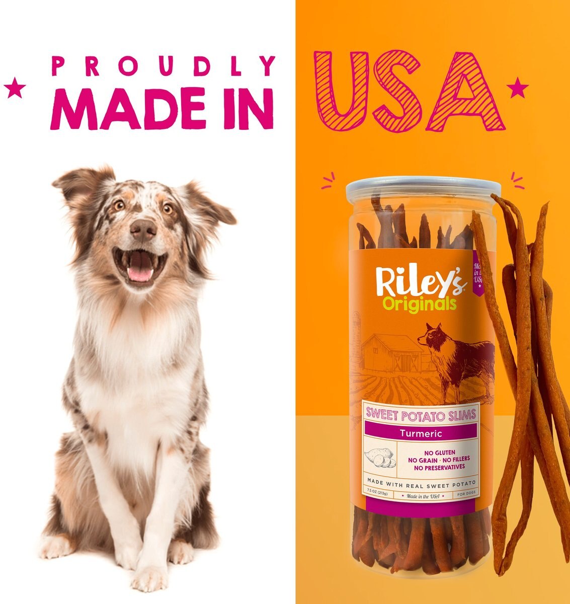 Riley's Originals Slims Dried Sweet Potato with Turmeric Dog Treats， 7.5-oz bag