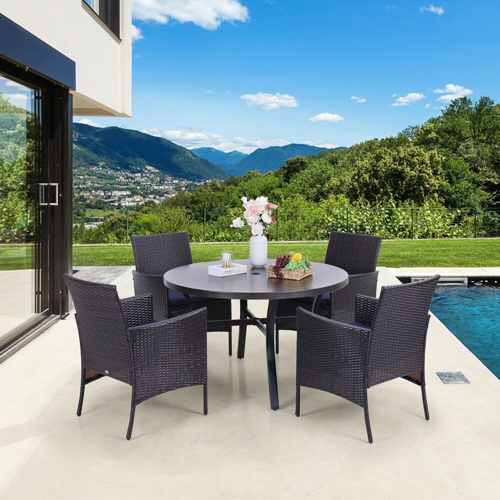 Patio 5 Piece Dining Set  1 Metal Table with Umbrella Hole and 4 Rattan Chairs