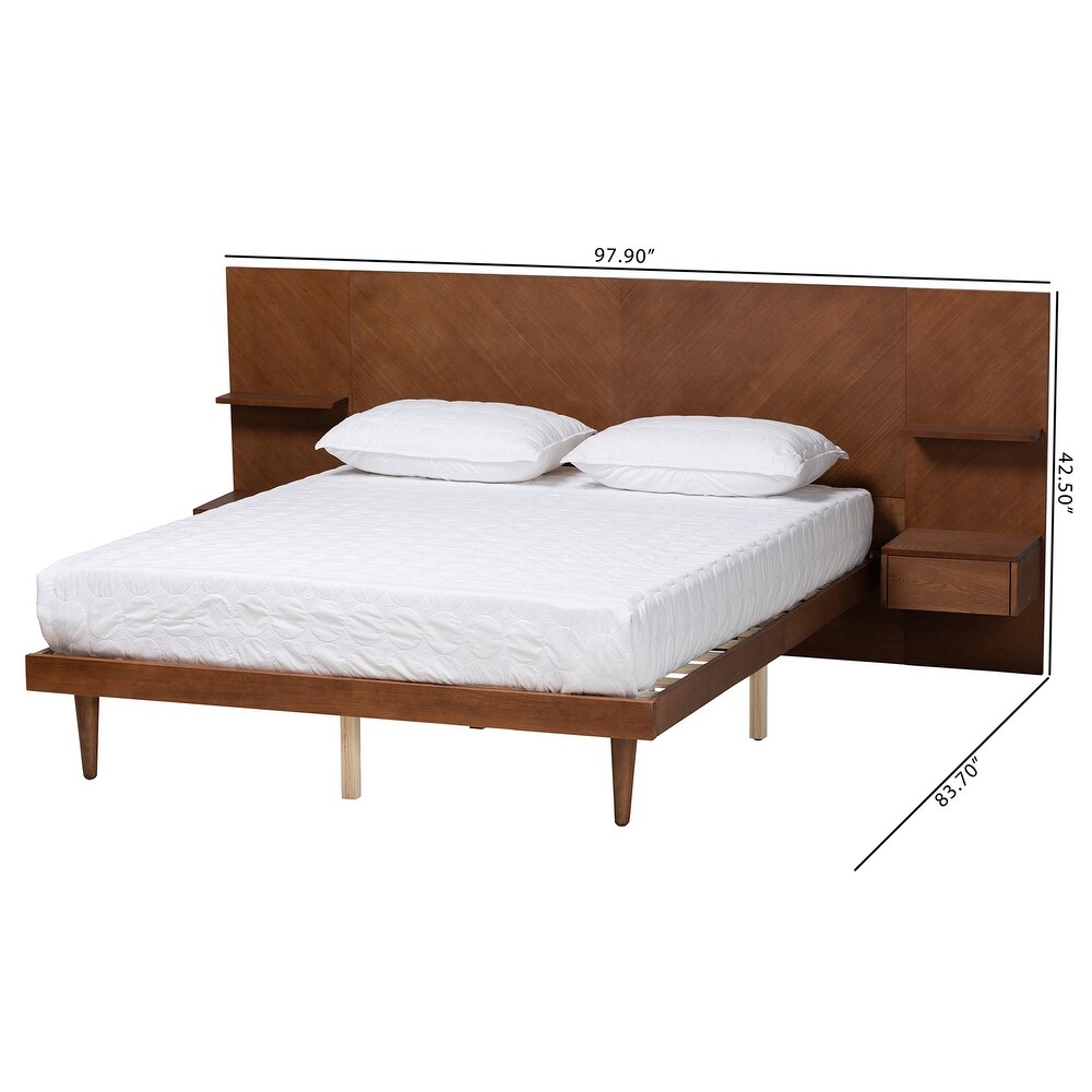 Graham Mid Century Modern Transitional Ash Walnut Finished Wood Queen Size Platform Storage Bed with Built In Nightstands