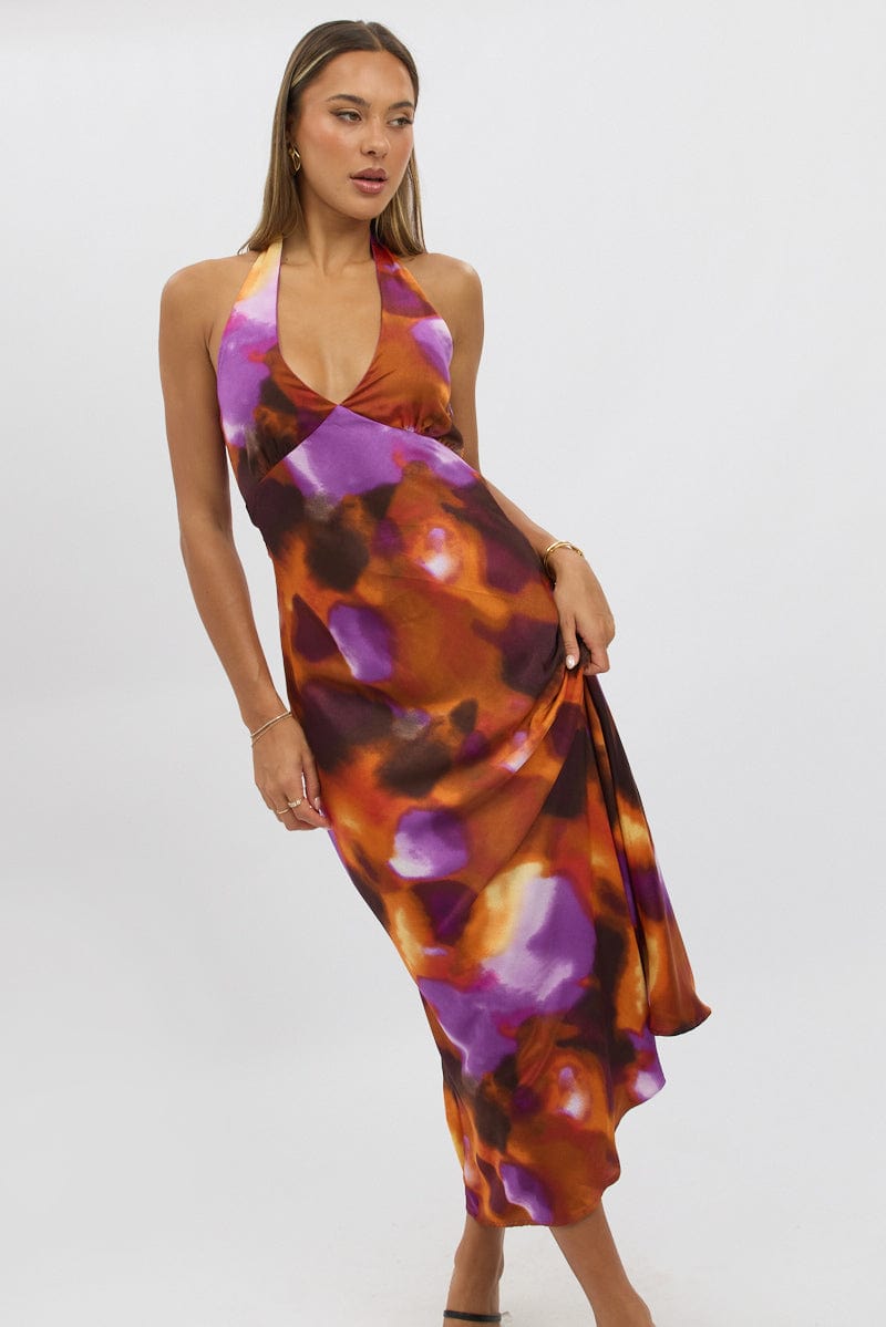 Multi Abstract Halter Neck Dress Midi