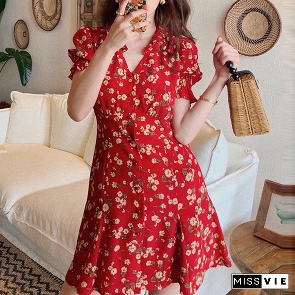 Summer Women Puff Sleeve V Neck Sexy Mini Dress High Waist Casual Floral Print Button Shirt Dress Plus Size Vestidos