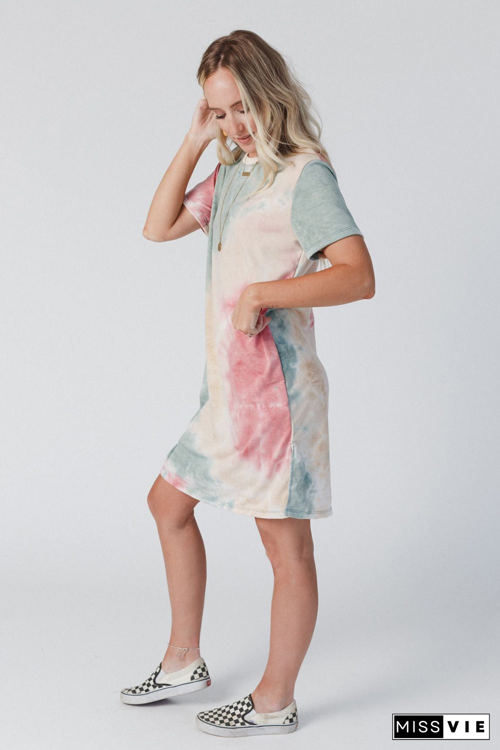 Multicolor Tie Dye Oversized Slit Tee Dress