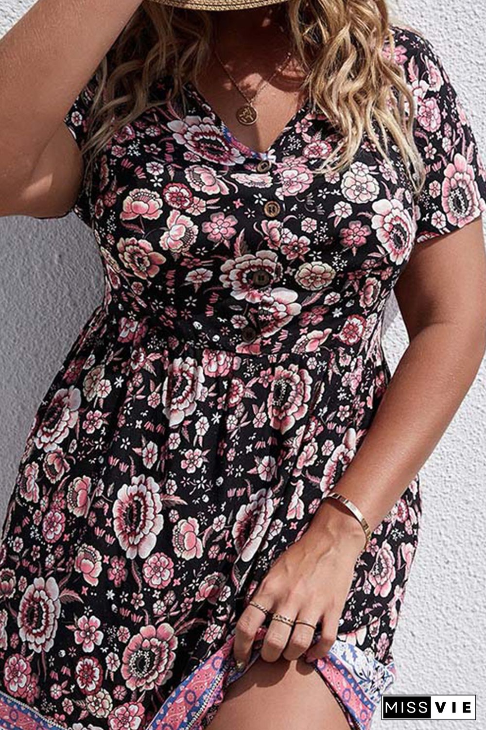 Button Down Floral Print Short Sleeves Plus Size Dress