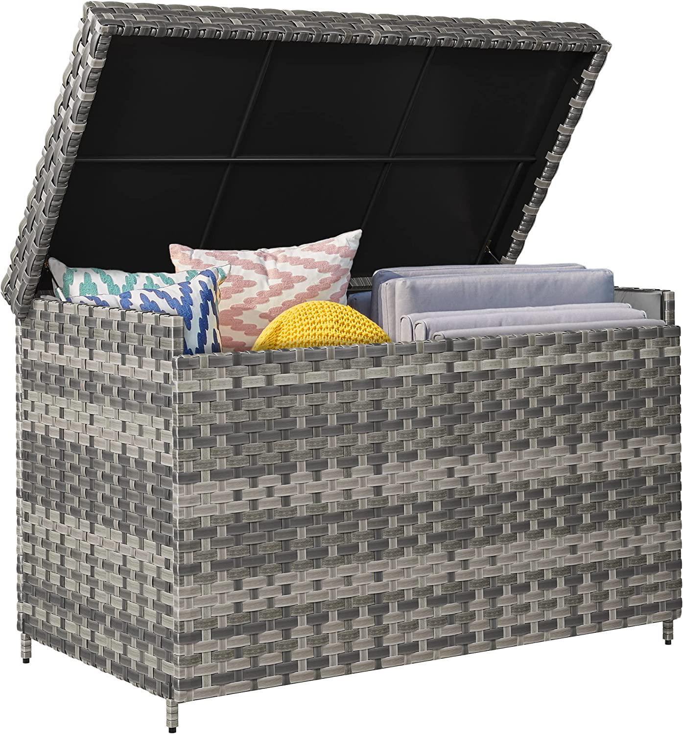 230 Gallon XL Deck Box, All-Weather Wicker Outdoor Storage Box, PE Rattan Storage Bin for Patio Furniture, Outdoor Cushions, Pool Storage and Garden Tools - Grey