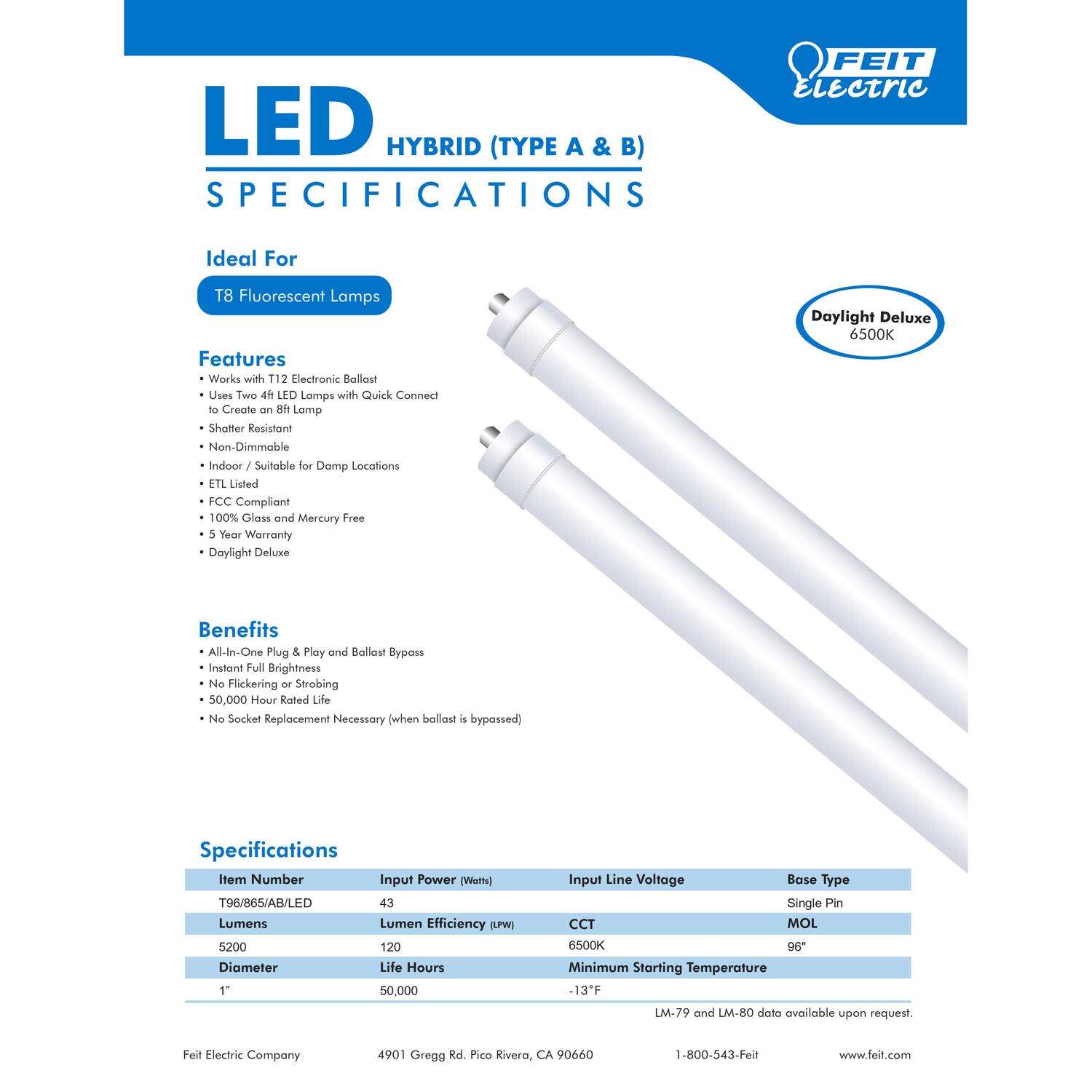 Feit LED Linears T8/T12 Daylight 93.3 in. 1 Pin Linear LED Tube Light Bulb 59 Watt Equivalence 1 pk