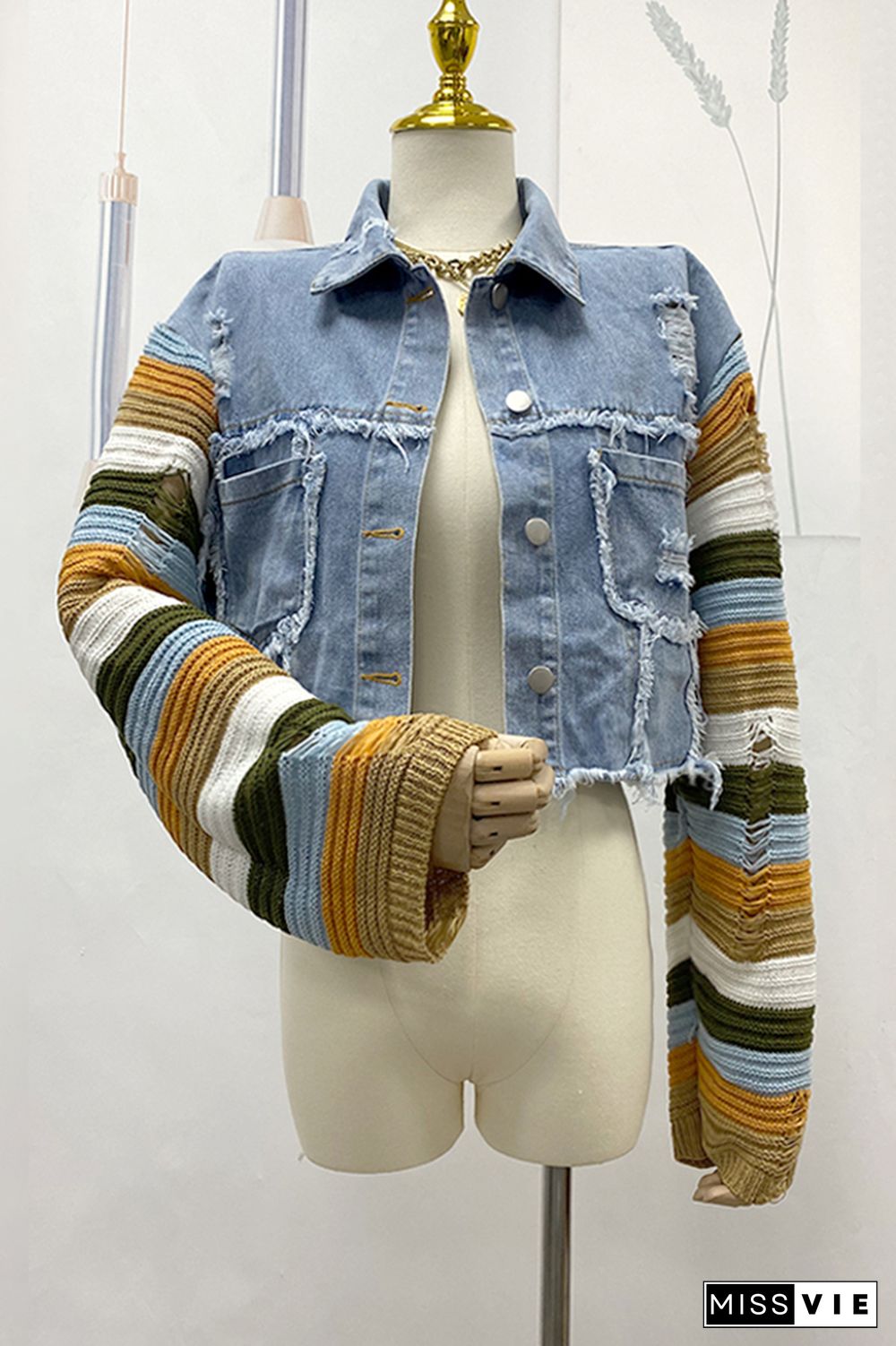 Rainbow Knitting Sleeve Patchwork Ripped Denim Jacket