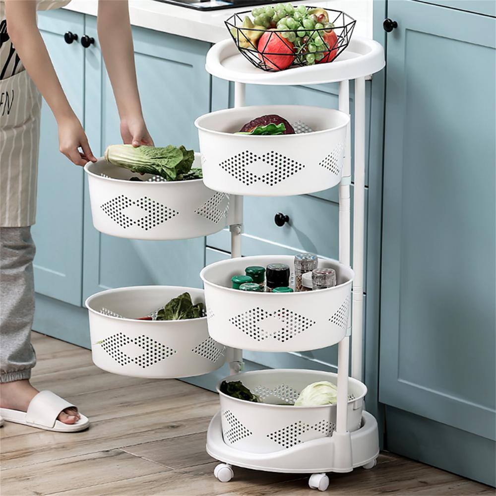 YIYIBYUS White Rolling 5-Tier PP Carbon Steel Storage Basket Shelving Unit (14.3 in. W x 36.2 in. H x 14.3 in. D) HG-HSYXF-6820