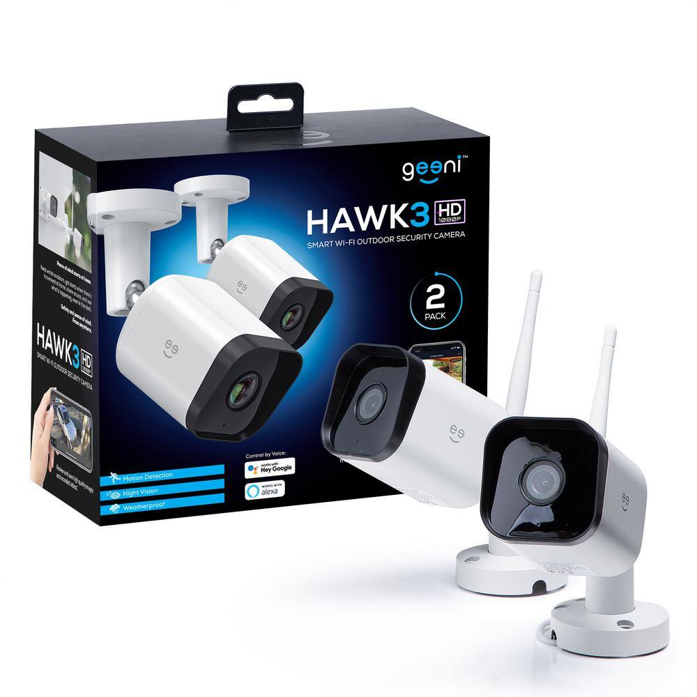 Geeni Hawk 3 HD 1080p Wi-Fi Wired IndoorOutdoor Standard Security Camera IP65 Weatherproof with Remote Access (2-Pack) GN-CW233-199