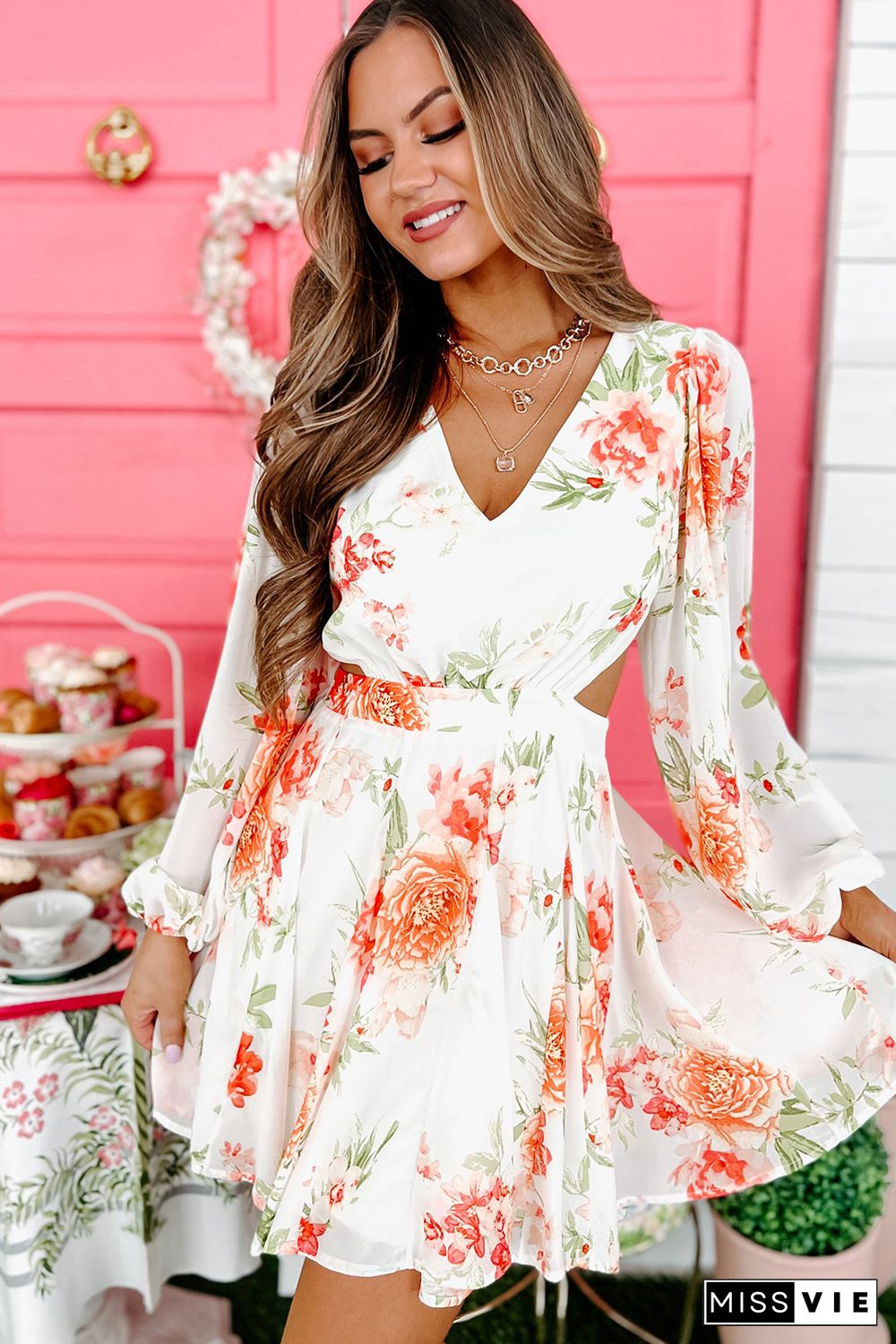 Long Sleeve Cut-out Floral Dress