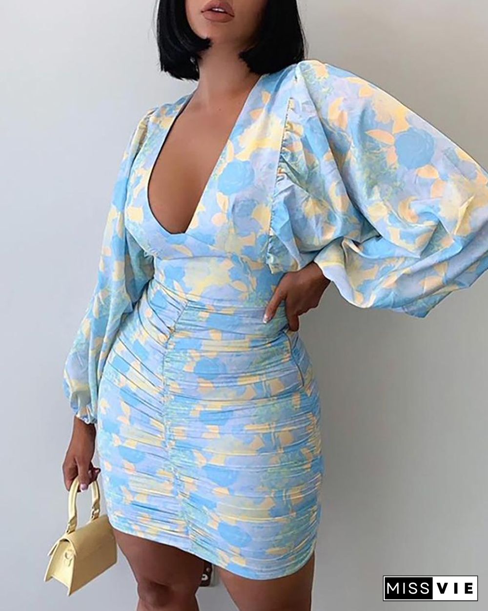 Floral Pattern Print Lantern Sleeve Ruched Bodycon Dress