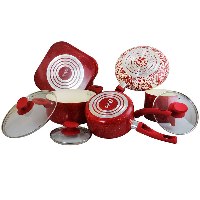 Oster Cocina San Jacinto Aluminum Cookware Set in Red Speckled Finish， Set of 9