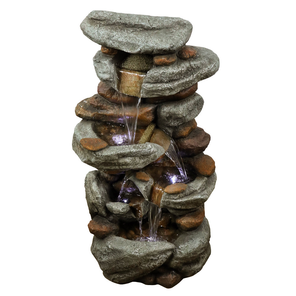 4-Tier Rock Water Fountain with LED Lights - Outdoor Water Fountains Cascading Floor Water Feature Art Decor for Garden， Pation， Deck， Porch