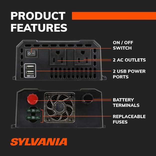 Sylvania 400w Continuous 800w Peak Power Inverter dc 12v To 110v Ac Power Car Rv Converter 2 Usb Ports 5v Dc 3 1a Shared Power Fault Led Indicator 12v Plug With Replaceable Fuse