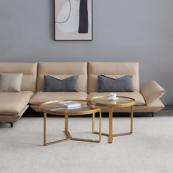 Modern Nesting Coffee Table Golden Metal Frame with Round Tempered Glass Tabletop