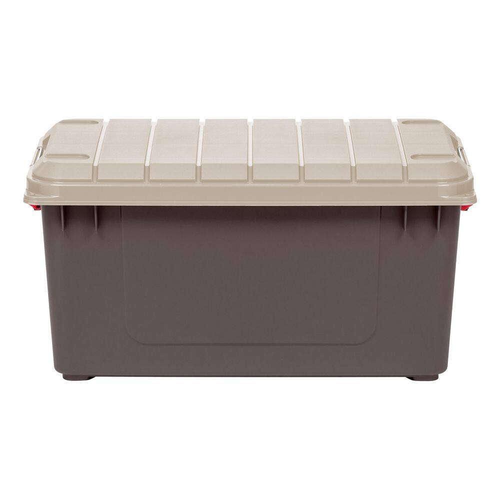 IRIS 82 qt. Stackable Storage Tote with Heavy-duty Red Buckles and Beige Lid in Brown 585128