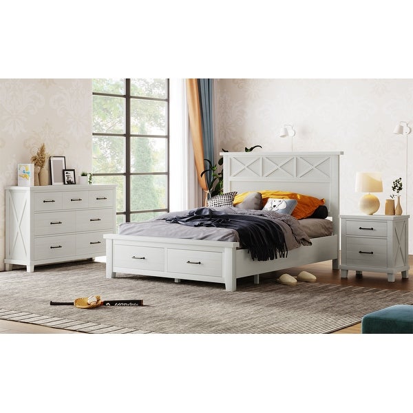 3 Pieces Bedroom Sets Queen Bed with 2 Drawers， Nightstand and Dresser - - 37970672