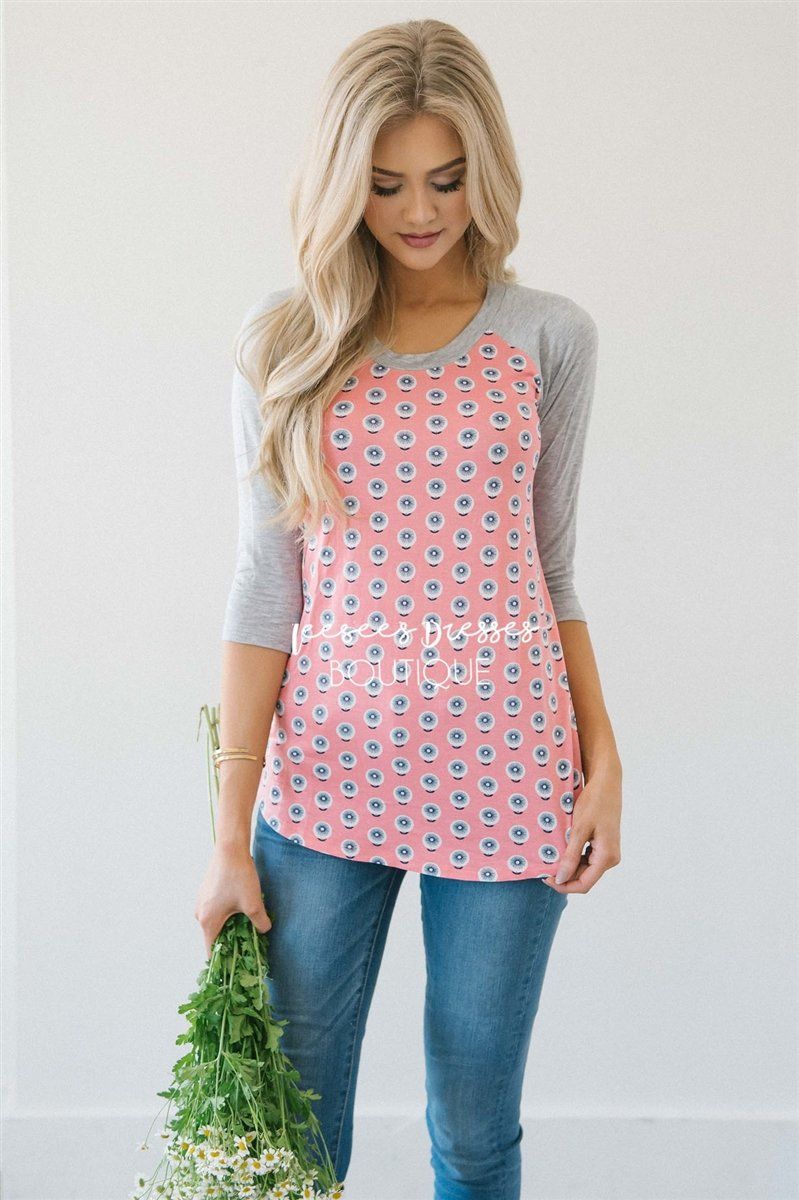 Pink Pinwheel Floral Baseball Sleeve Top