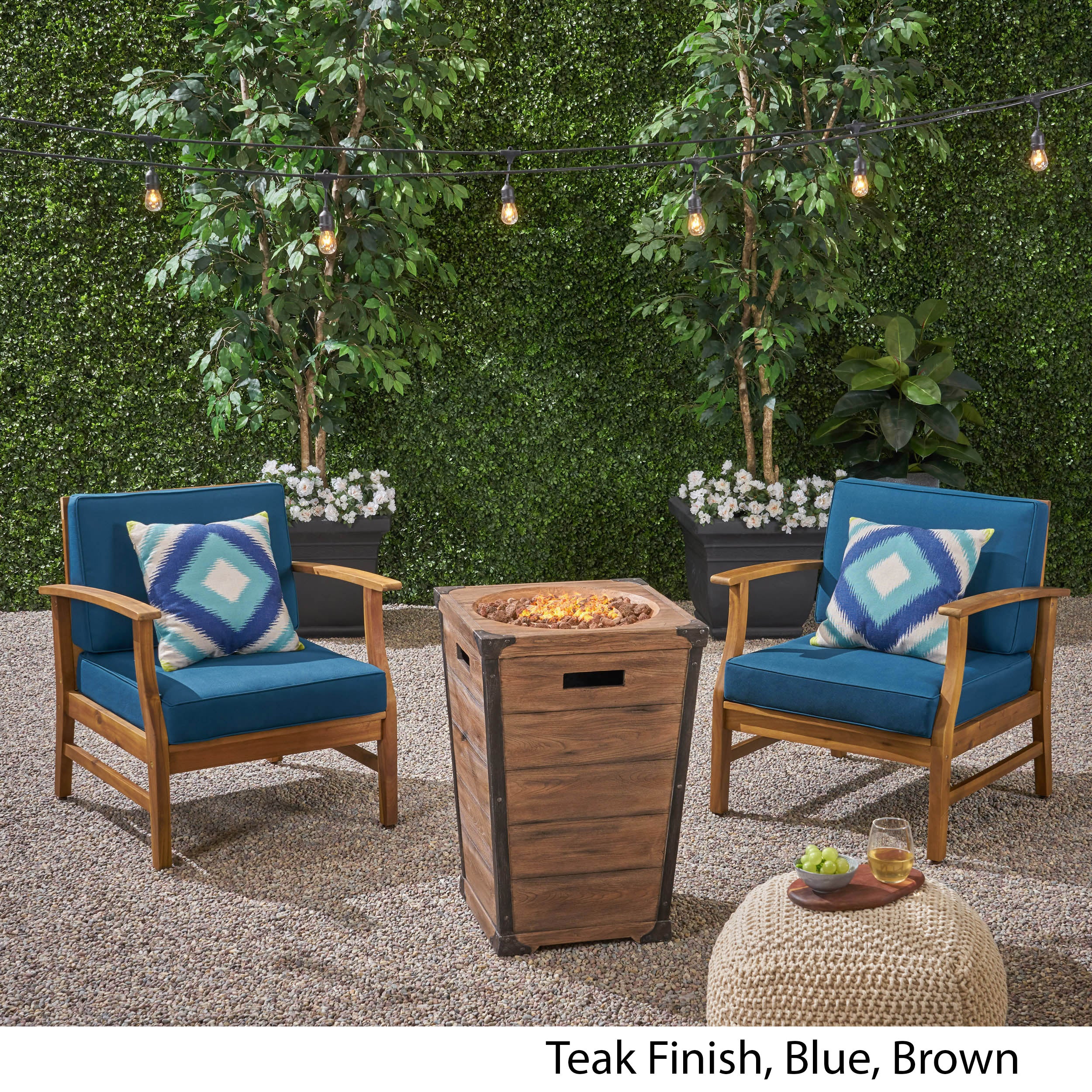 Capri Outdoor 2 Piece Acacia Wood Club Chair Set with Cushions and Fire Column