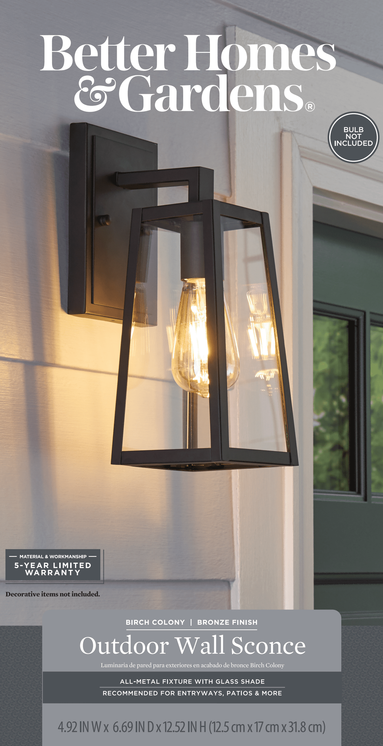 Better Homes and Gardens Outdoor Wall Sconce Bronze Finish No Bulb Included 1PK