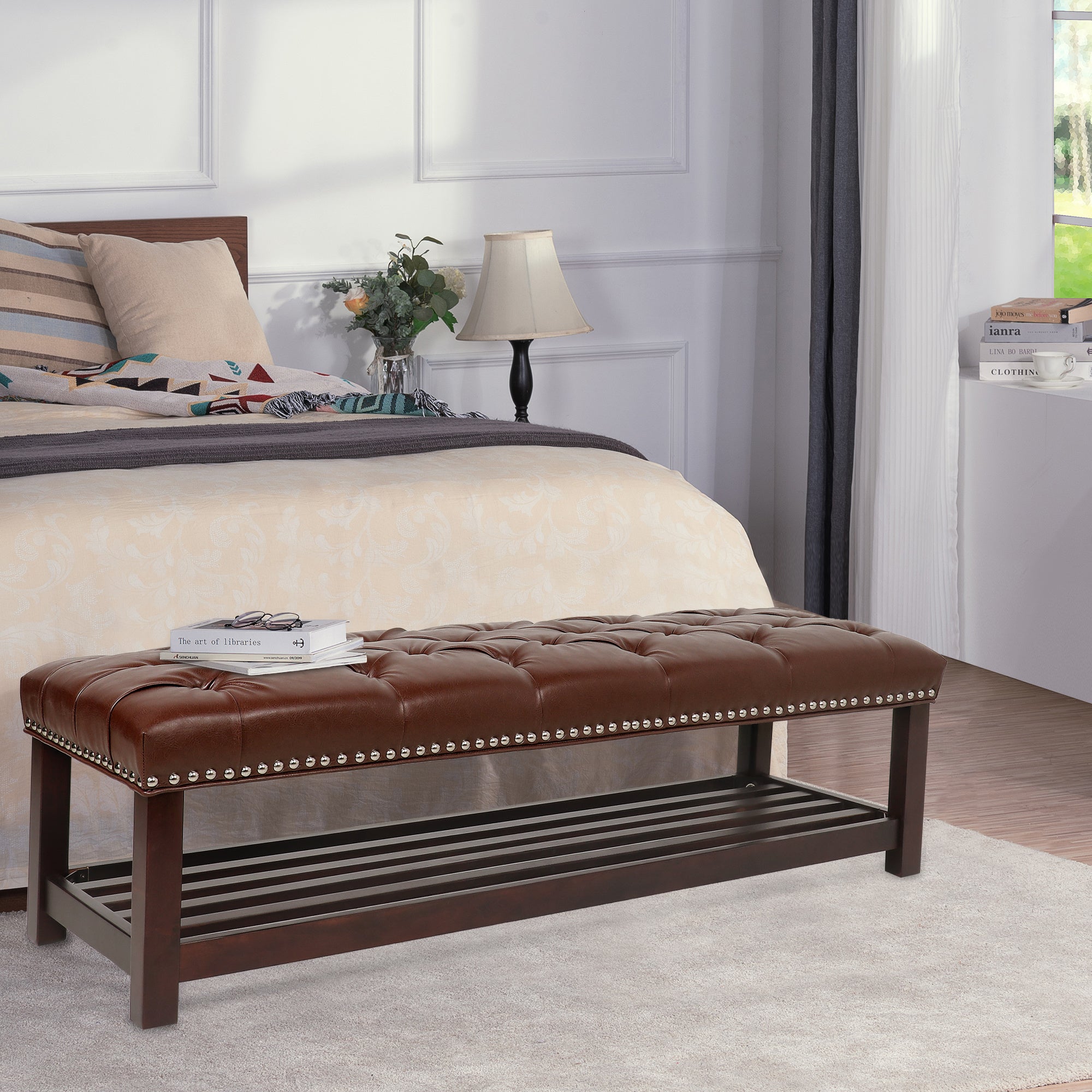 LANTRO JS Wooden Base Upholstered Bench for Bedroom for Entryway