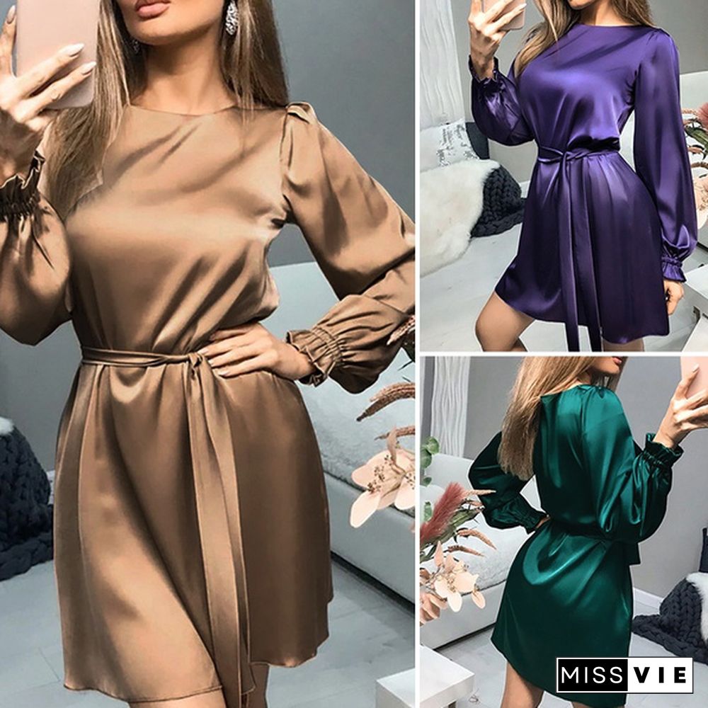 ZANZEA Women Spring Sundress Solid Casual Minimalist Full Sleeve Office O-Neck Mini Party Dress