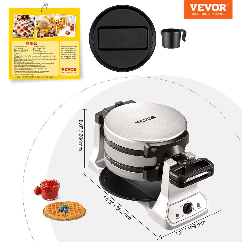 VEVOR 2 Layer Waffle Maker 2 Pieces 1400W Round Waffle Iron Non Stick with 122 572�H Temp Stainless Steel Body 120V