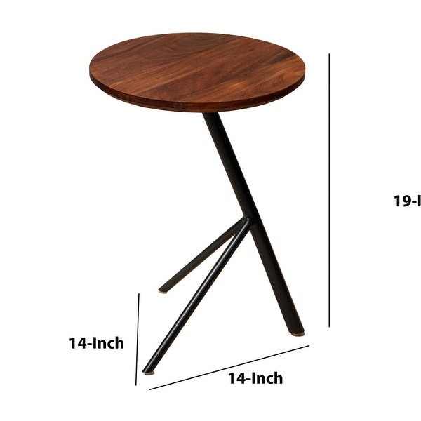 19 Inch Handcrafted Round Acacia Wood End Side Table for Hallway， Foyer， Den， Bedroom， or Living Room， Sleek Tripod Metal Base