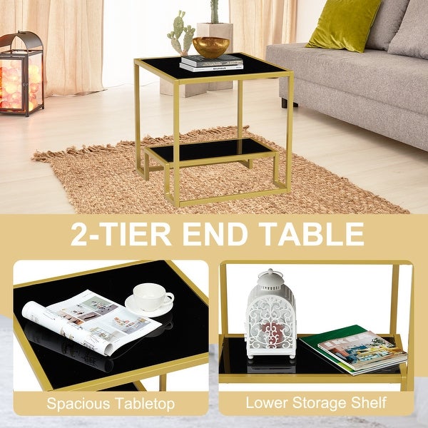 Glass Coffee Table and End Table Set， Modern Tempered Glass Center Table with Open Storage Shelf Rectangle Tea Table