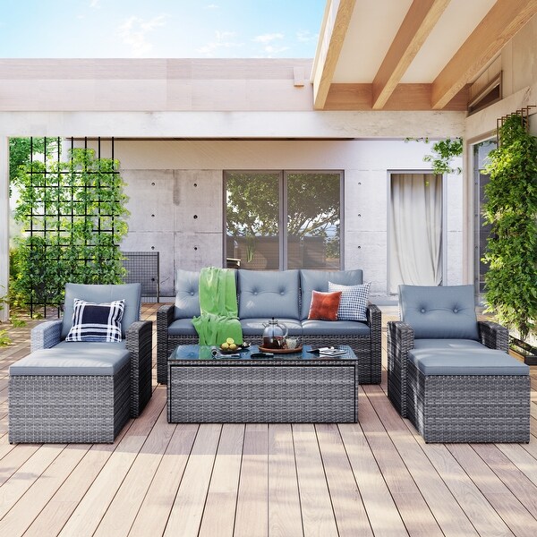 6Piece Patio Outdoor Conversation Set，AllWeather PE Rattan Sectional Sofa with Coffee Table and Ottomans