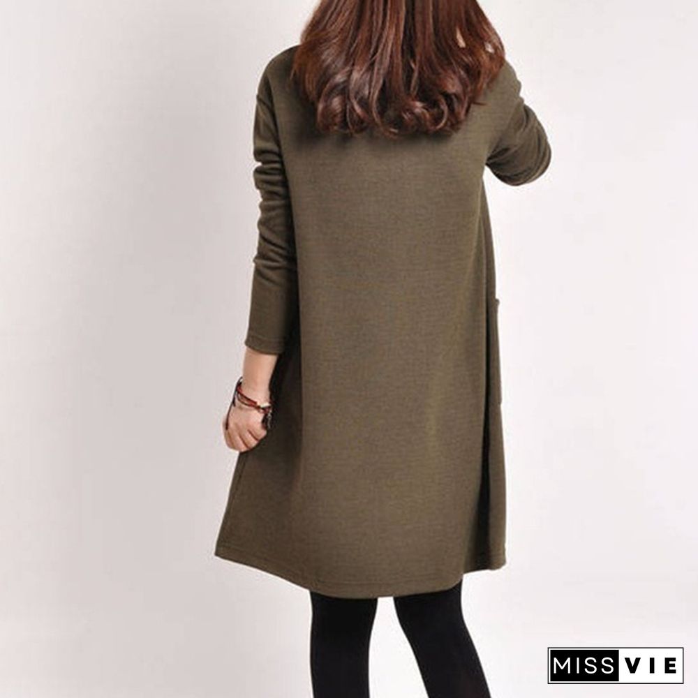 Women Autumn Long Sleeve Pocket Loose Maternity Swing Dress Casual Cotton V-neck Pregnancy Dress