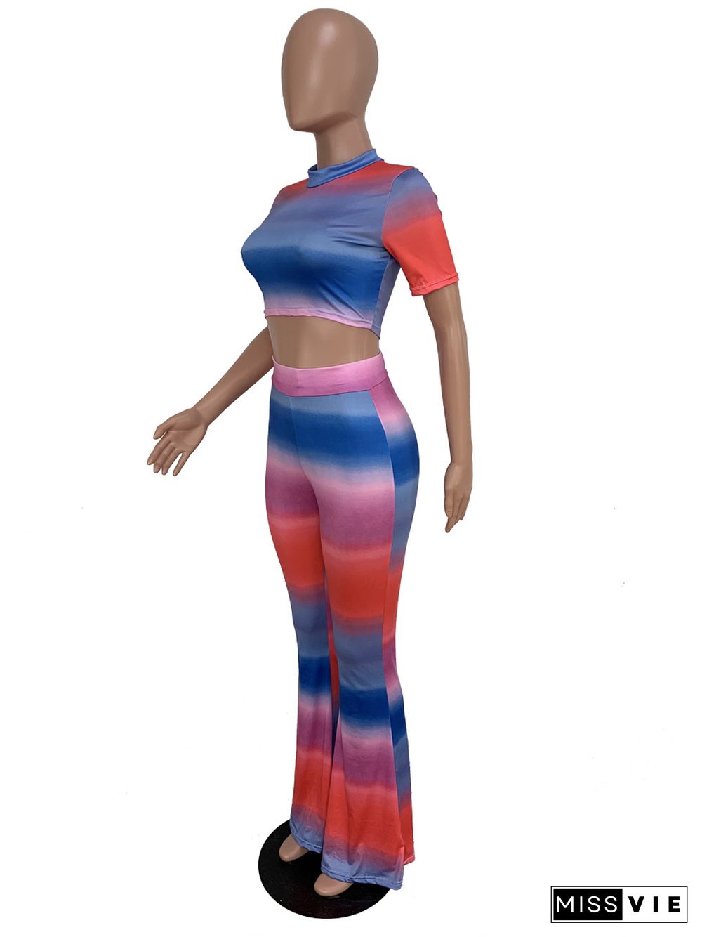 Gradient Tie Dye Print Crop Tops Flare Pants Two Piece Set