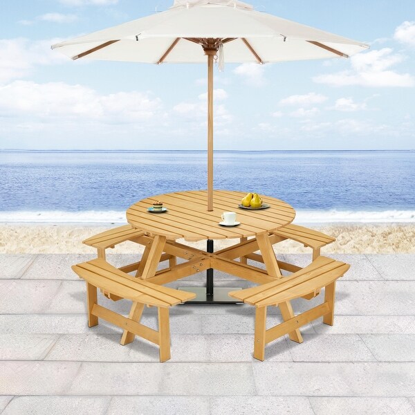 Outdoor 8 Person Round Picnic Table with Bench，Umbrella Hole for Garden，Backyard，Porch，Patio