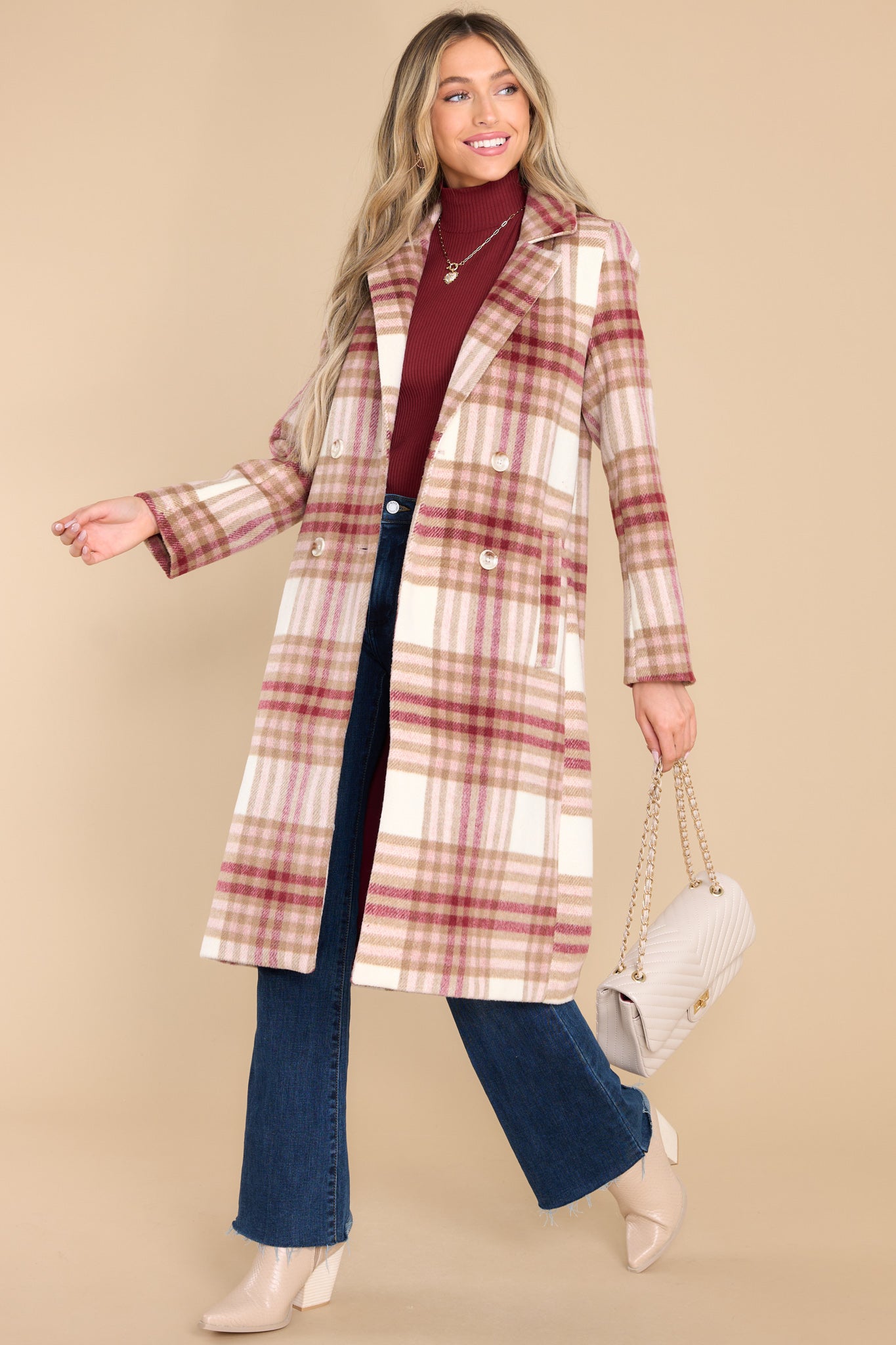 Riley Tan Multi Plaid Check Coat