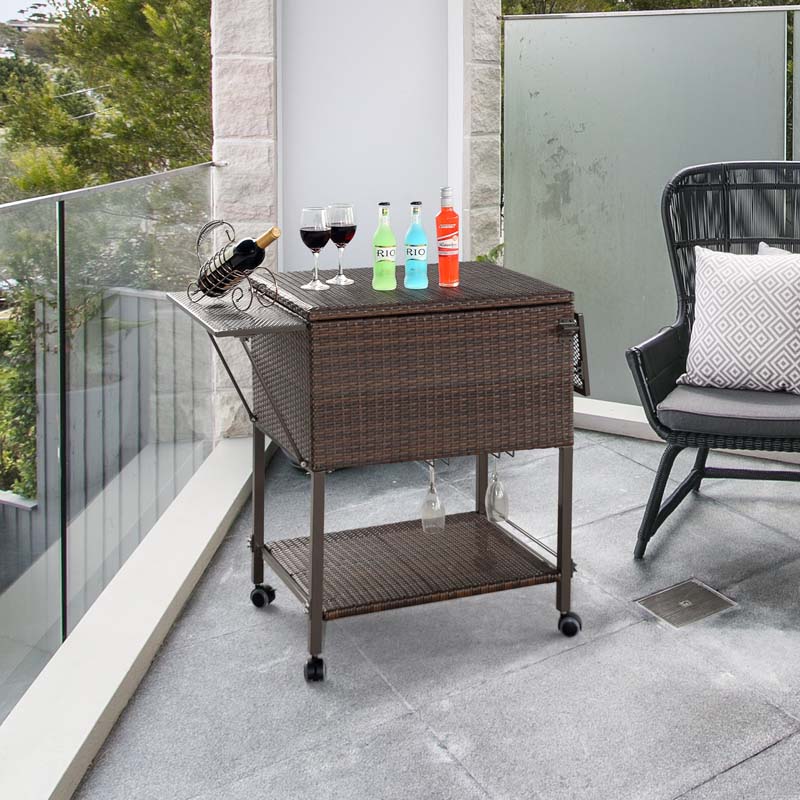 108 QT Rattan Rolling Beverage Wine Cooler Cart Outdoor Patio Side Table Bar Cart with Cooler & Lower Shelf