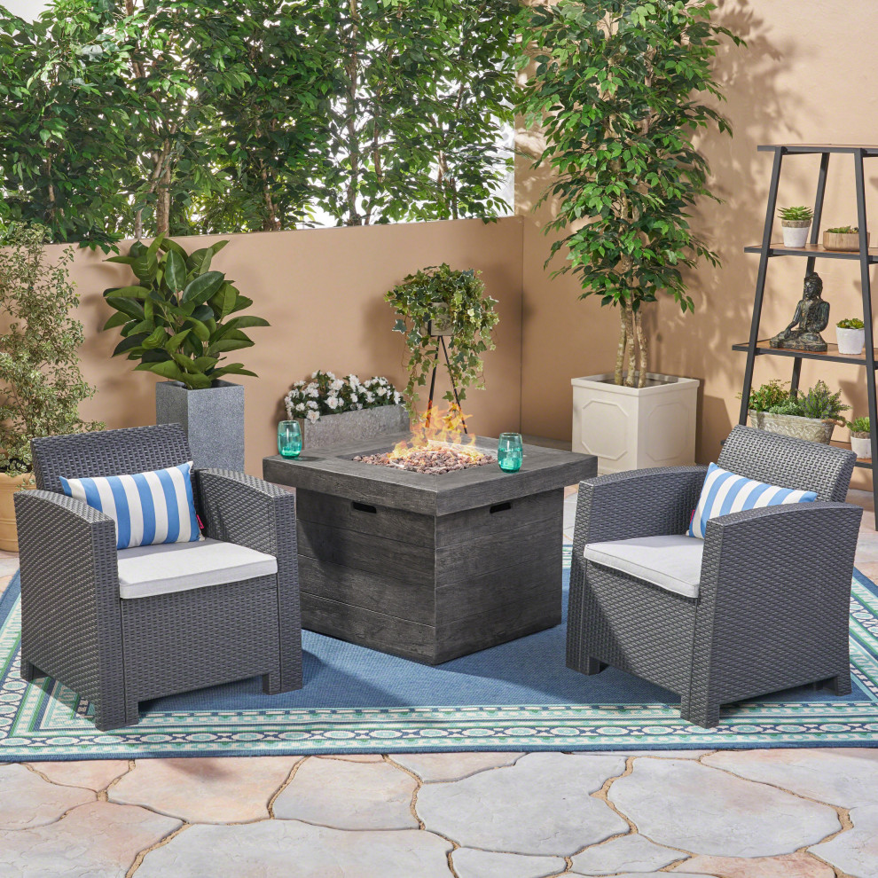 GDF Studio Ollie Outdoor For 2 Wicker Print Club Chair Chat Set With Fire Pit   Tropical   Outdoor Lounge Sets   by GDFStudio  Houzz