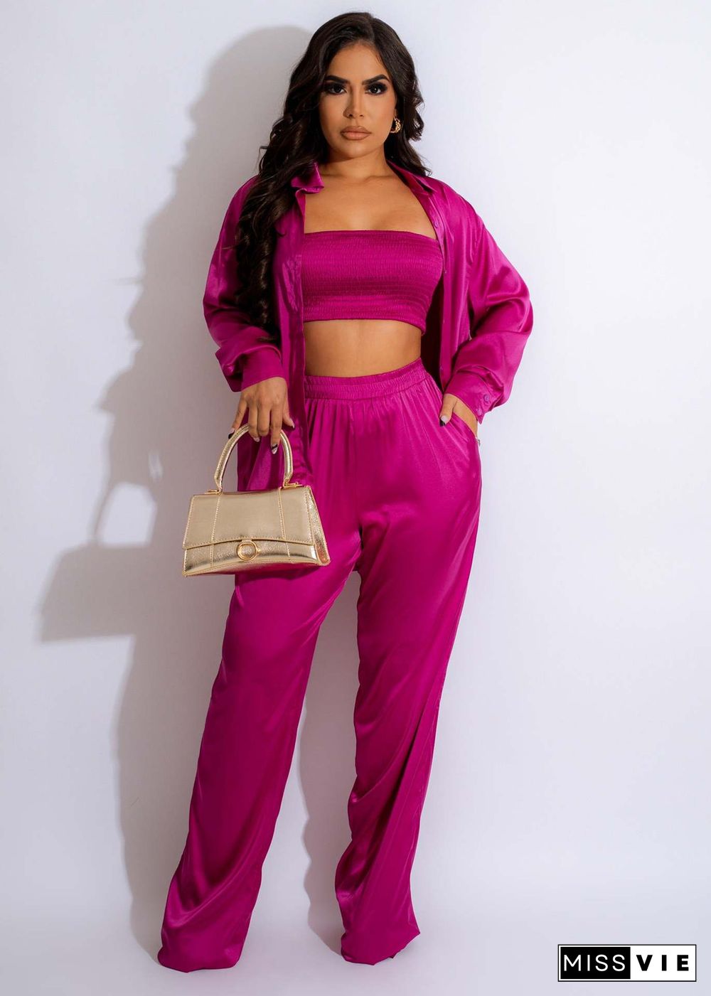 Solid Shirt Strapless Crop Top Wide Leg Pants 3 Piece Set