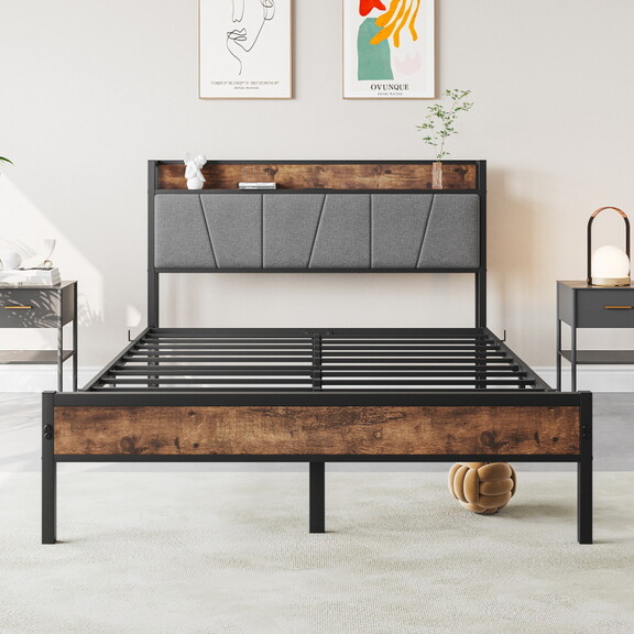 Full Size Bed Frame  Storage Headboard with Chargi...