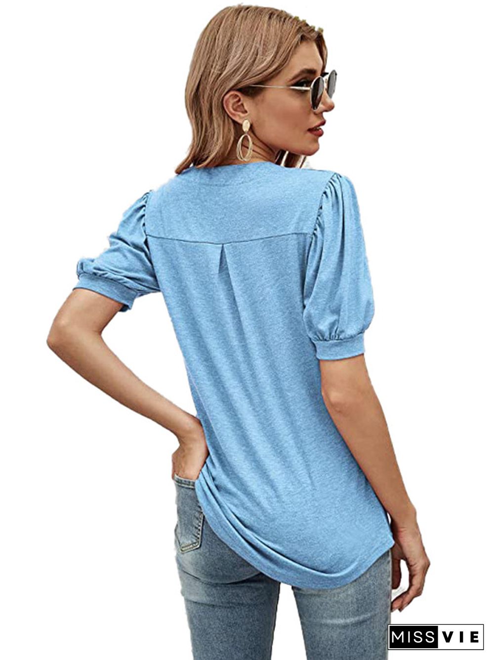 Simple Solid Color V-Neck Puff Sleeves T-Shirt Top