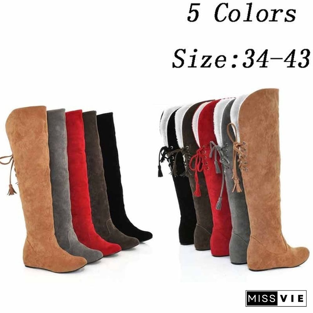 Womens Thigh High Boots Stretch Over The Knee Suede Leather Boots 34-43 Flat Heels Shoes Woman Winter Botas